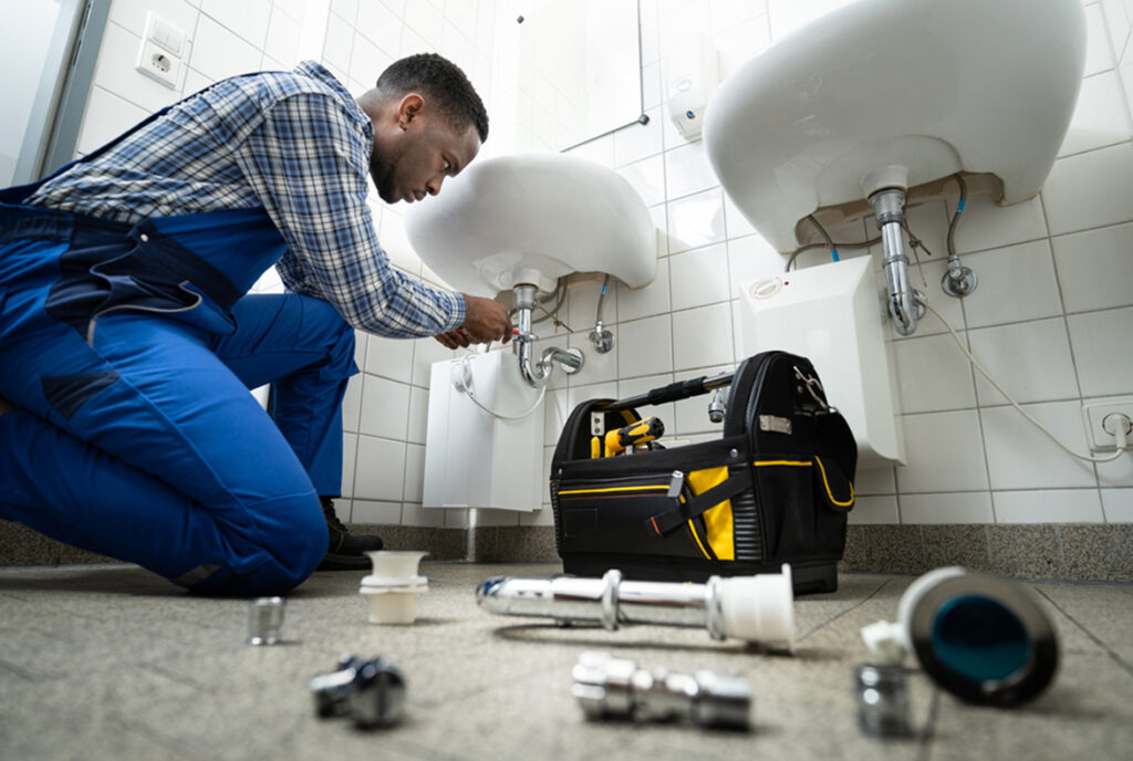 A plumber in blue overalls kneels on a tiled bathroom floor while working underneath a wall-mounted sink. A black and yellow tool bag and various plumbing parts are scattered on the floor beside him, indicating an active repair or installation job.